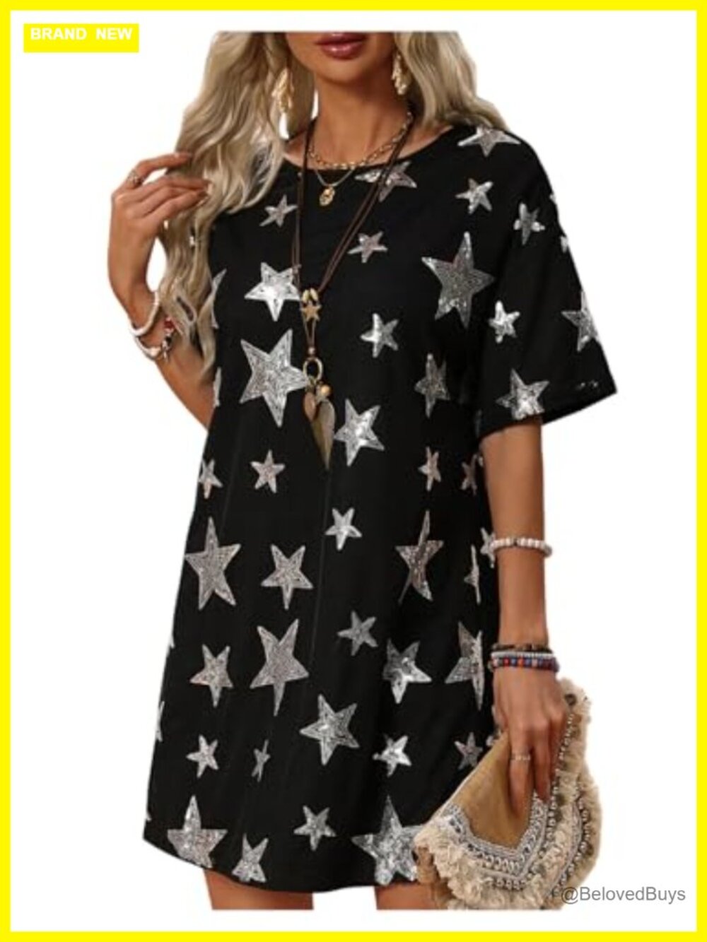 Womens Sequin Star Dress Short Sleeve Round Neck Mini Club Night Out